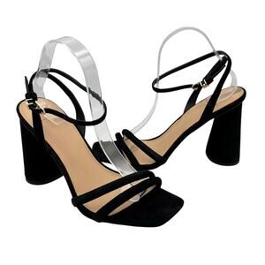 Sam Edelman Kia Black Suede Leather Sculptural Heel Ankle Strap Open Toe Sandals